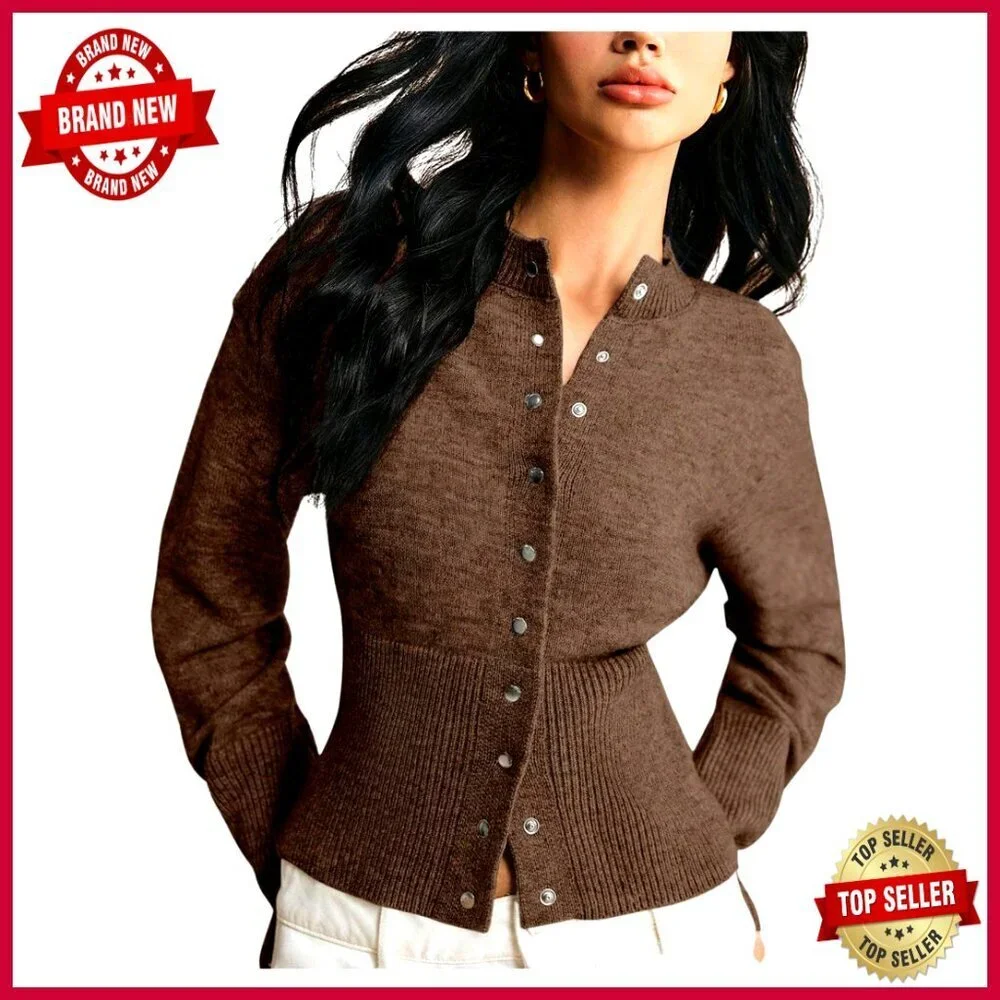 Button Up Cropped Cardigan Sweater Cinched Waist Long Sleeve Knitwear Top